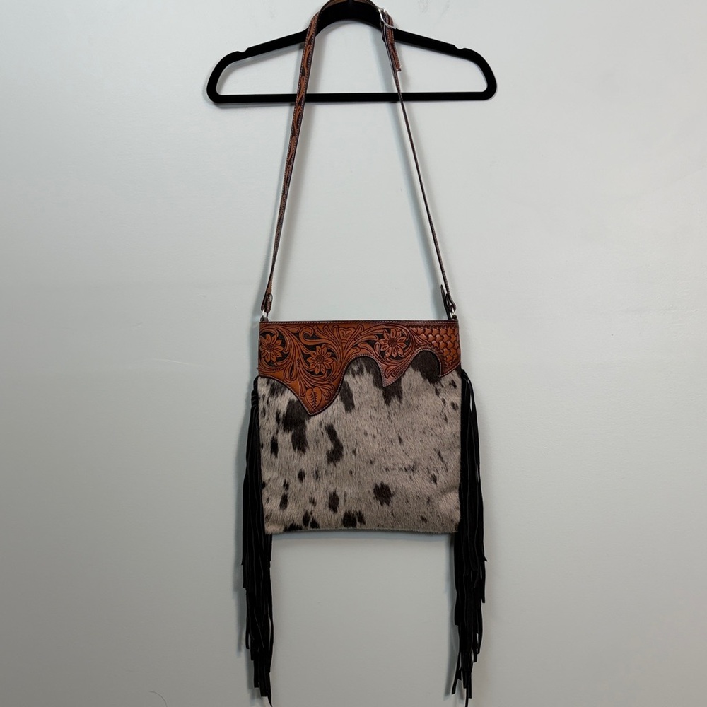 Rafter T Ranch Cowhide Hair Crossbody Purse Leather Adjustable Strap and Fringe